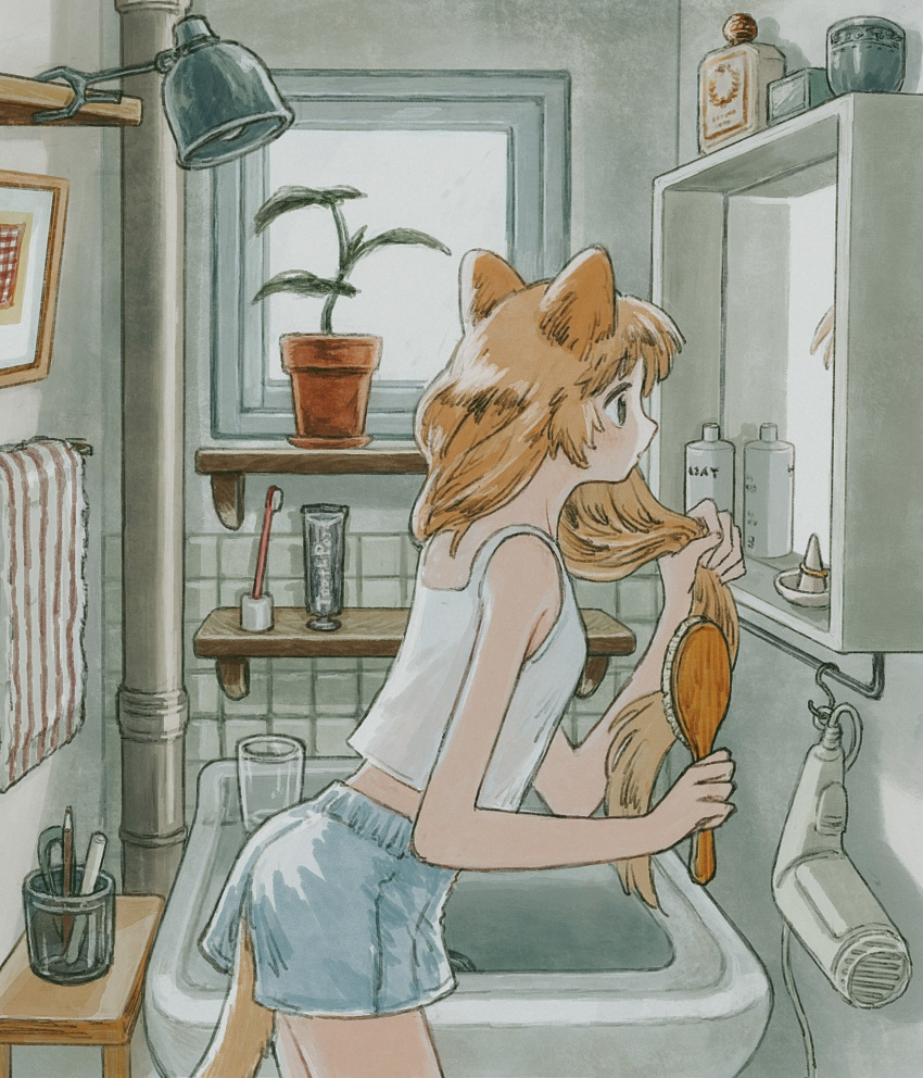 1girl animal_ears bathroom breasts brushing_hair cup drinking_glass eokaku_surimi fox fox_ears fox_girl fox_tail hair_brush hair_dryer highres holding_own_hair indoors jewelry lamp leaning_forward long_hair looking_at_mirror makeup mirror orange_hair original pencil picture_frame plant ring shelf shorts sink small_breasts solo tail tank_top tile_wall tiles toothbrush toothpaste towel white_tank_top window