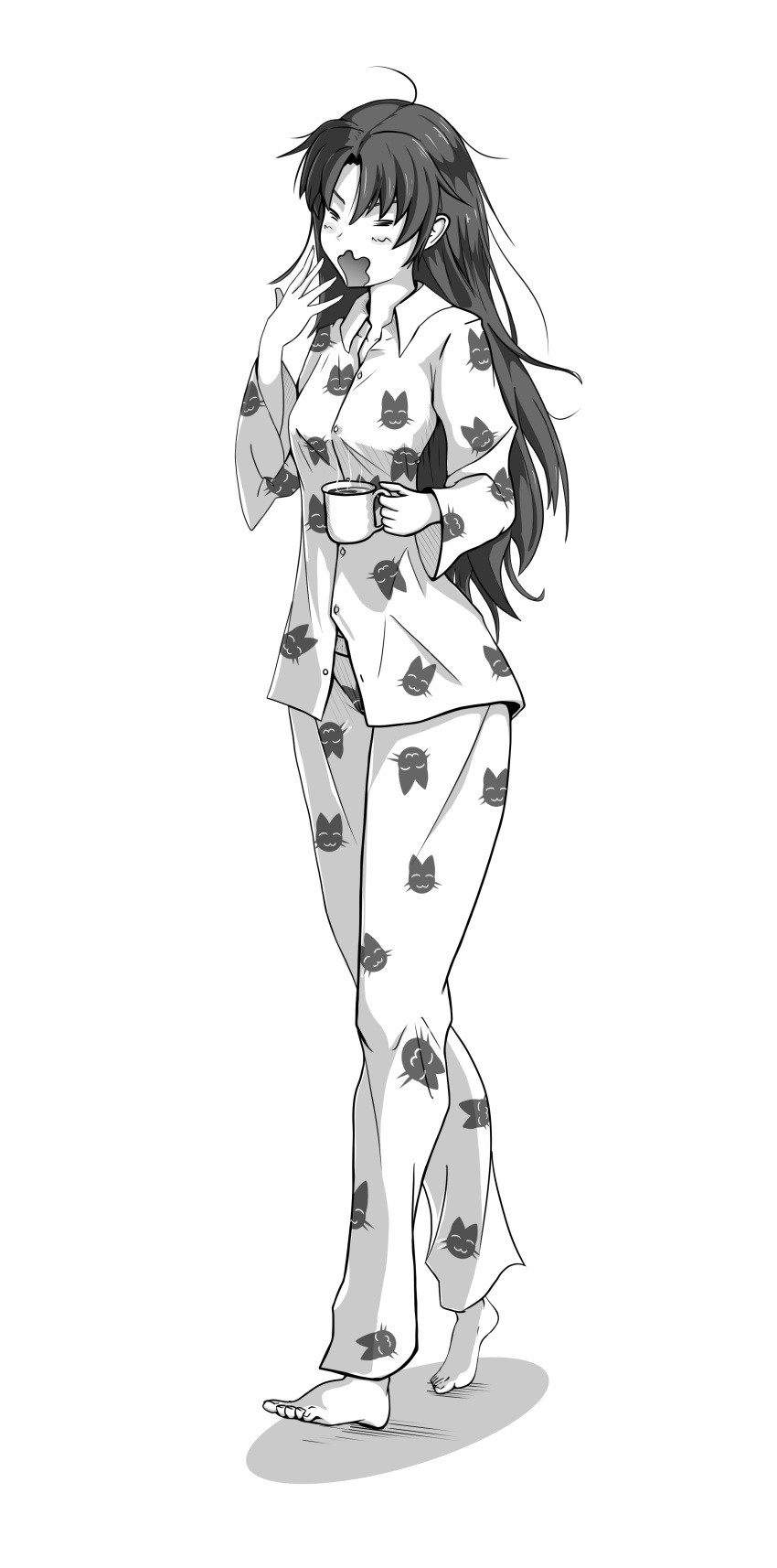 1girl absurdres ahoge animal_print barefoot black_hair blush breasts cat_print closed_eyes coffee_cup collared_shirt cup disposable_cup fate/stay_night fate_(series) full_body greyscale hair_down hand_up highres holding holding_cup l2tp long_hair long_sleeves messy_hair monochrome open_mouth pajamas pants print_pajamas shirt solo standing tohsaka_rin very_long_hair waking_up yawning