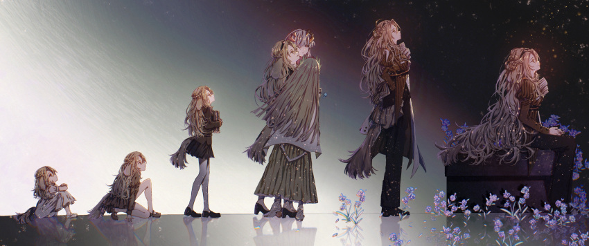 228696833 3girls absurdres age_progression aged_down animal_ears arknights black_pants book dog_ears dog_tail flower flower_request from_side highres holding holding_book horns kristen_(arknights) long_hair looking_at_another looking_up muelsyse_(arknights) multiple_girls open_mouth pants saria_(arknights) sitting skirt sky smile standing star_(sky) starry_sky tail very_long_hair
