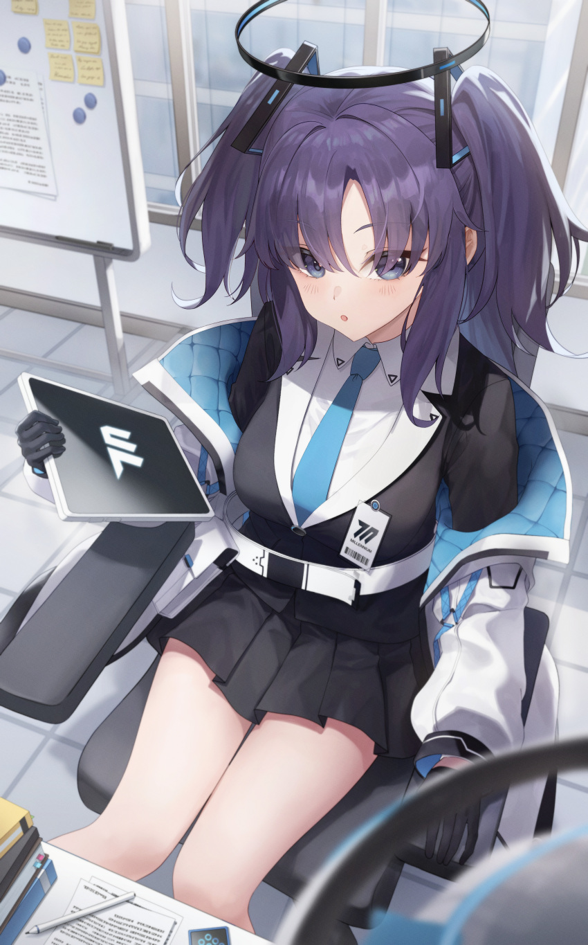 1girl 29hyeon absurdres black_gloves black_skirt blue_archive blue_necktie blush breasts collared_shirt feet_out_of_frame gloves halo highres holding holding_tablet_pc id_card jacket long_hair long_sleeves mechanical_halo medium_breasts necktie parted_lips pleated_skirt purple_hair shirt sitting skirt solo suit tablet_pc two-sided_fabric two-sided_jacket two_side_up violet_eyes white_jacket white_shirt yuuka_(blue_archive)