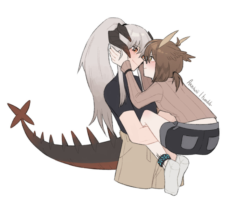 2girls arkiwi arknights black_shirt black_shorts blue_eyes blush brown_hair brown_pants brown_shirt carrying carrying_person cropped_legs dragon_girl dragon_horns dragon_tail glasses hands_on_another's_face highres horns infection_monitor_(arknights) multiple_girls oripathy_lesion_(arknights) owl_ears pants ponytail ribbed_shirt saria_(arknights) shirt short_hair short_ponytail shorts sidelocks silence_(arknights) simple_background smile socks tail white_background white_socks yellow_eyes yuri