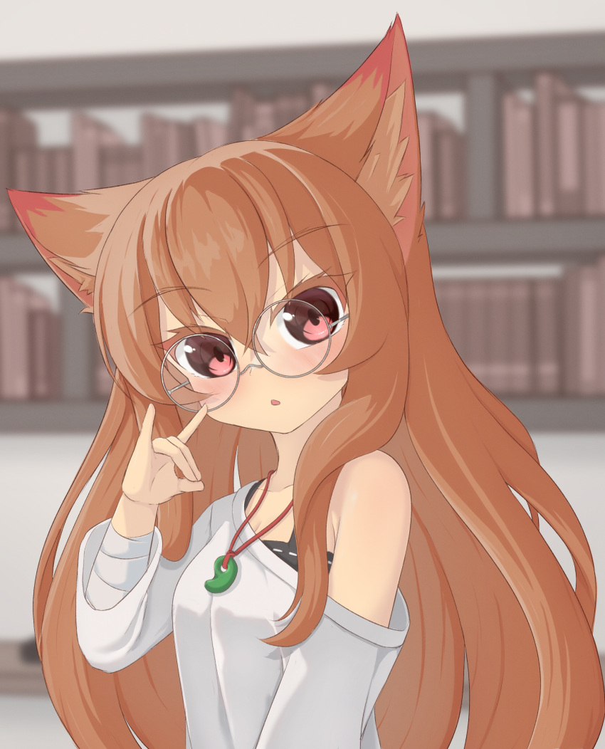1girl animal_ears bandaged_arm bandages black_tank_top blurry blurry_background bookshelf breasts brown_hair fox_ears fox_girl fox_shadow_puppet highres jewelry long_hair looking_at_viewer magatama magatama_necklace necklace nikaon off-shoulder_sweater off_shoulder open_mouth original red_eyes round_eyewear small_breasts sweater tank_top upper_body