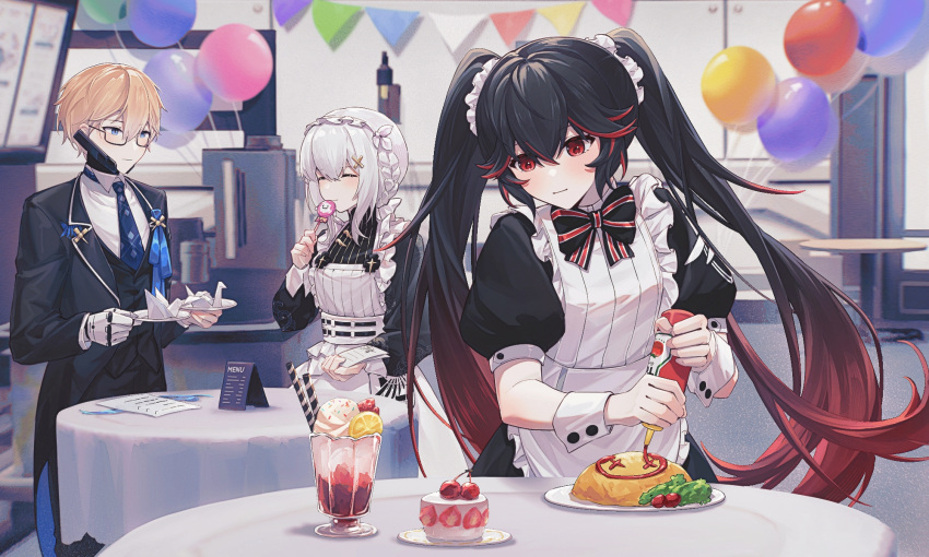 1boy 2girls apron black_dress black_hair black_pants blonde_hair blue_necktie bow bowtie broccoli butler candy cherry_tomato closed_eyes closed_mouth dress food food_writing frilled_apron frills glasses gradient_hair grey_hair hair_between_eyes hair_ornament highres holding holding_candy holding_food holding_lollipop ice_cream_cup ketchup_bottle lee:_hyperreal_(punishing:_gray_raven) liv:_empyrea_(punishing:_gray_raven) lollipop long_sleeves lucia_(punishing:_gray_raven) maid_apron maid_headdress mechanical_hands multicolored_hair multiple_girls neck_ribbon necktie omelet omurice origami pants paper_crane punishing:_gray_raven red_eyes redhead ribbon shirt short_hair single_mechanical_hand smoking streaked_hair striped striped_ribbon table tomato twintails white_shirt x_hair_ornament zhou_huan_(dgpe2833)