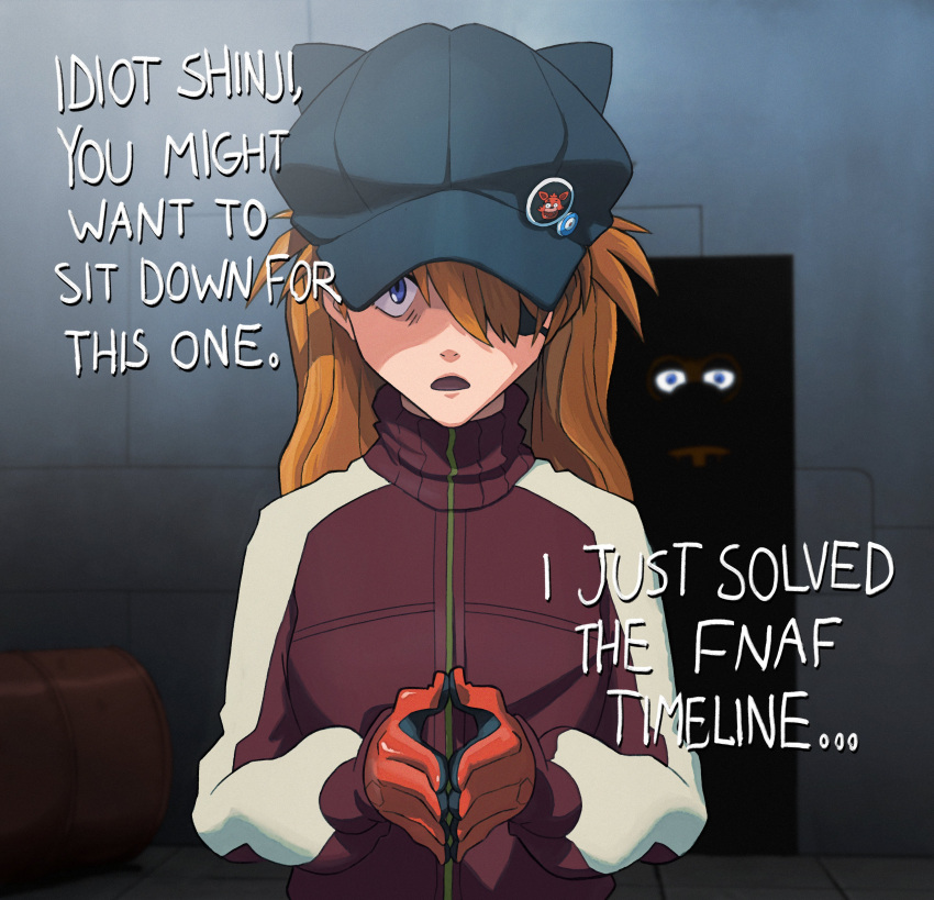 1boy 1girl absurdres blue_eyes chimeraenvy commentary crossover english_commentary english_text eyepatch five_nights_at_freddy's freddy_fazbear gloves highres jacket long_hair neon_genesis_evangelion orange_hair rebuild_of_evangelion red_gloves red_jacket souryuu_asuka_langley steepled_fingers turtleneck turtleneck_jacket two-tone_gloves