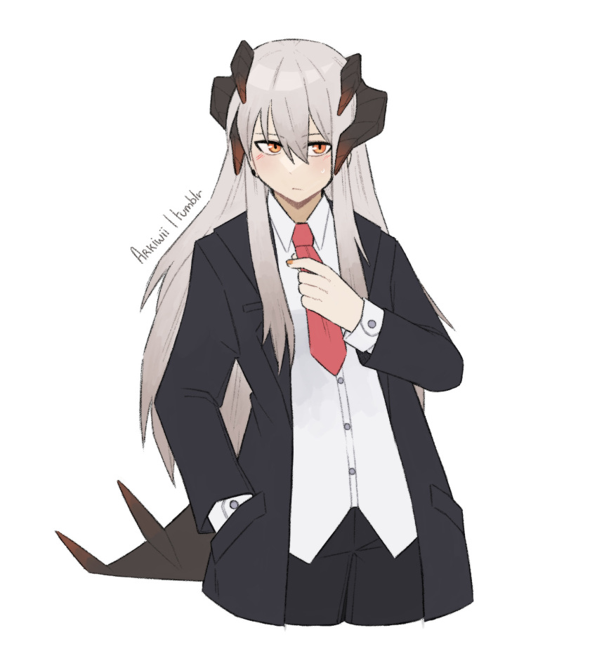 1girl adjusting_clothes adjusting_necktie alternate_costume arkiwi arknights black_jacket black_pants blush collared_shirt cowboy_shot cropped_legs dragon_girl dragon_horns dragon_tail dress_shirt grey_hair hair_between_eyes hand_in_pocket hand_up highres horns jacket layered_sleeves long_hair long_sleeves looking_at_viewer necktie open_clothes open_jacket orange_nails pants red_necktie saria_(arknights) shirt simple_background solo suit_jacket sweatdrop tail very_long_hair white_background white_shirt