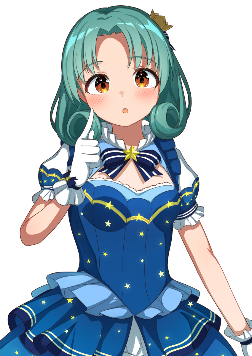 1girl absurdres akatsuki_(artakatuki) blue_bow blue_bowtie blue_dress blush bow bowtie breasts brooch brown_eyes cleavage_cutout clothing_cutout crown curly_hair dot_nose dress gloves green_hair hand_up highres idolmaster idolmaster_million_live! idolmaster_million_live!_theater_days index_finger_raised jewelry layered_dress looking_at_viewer medium_breasts medium_hair mini_crown open_mouth parted_bangs print_dress puffy_short_sleeves puffy_sleeves short_sleeves simple_background solo star_(symbol) star_brooch star_print striped striped_bow striped_bowtie tokugawa_matsuri upper_body white_background white_gloves