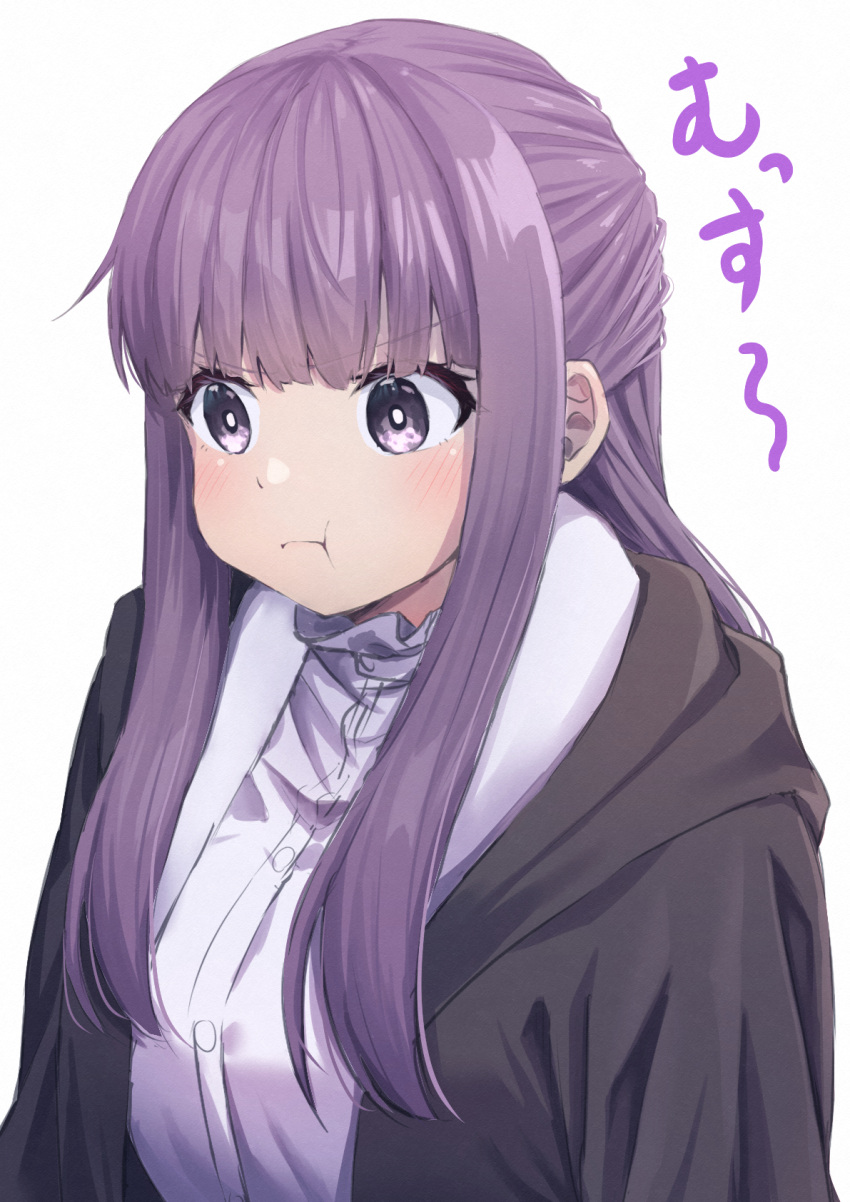1girl black_coat blunt_bangs blush buttons coat daichi_(hayate1328) dress fern_(sousou_no_frieren) from_side highres hood hooded_coat long_dress long_hair long_sleeves looking_to_the_side pout purple_hair sidelocks simple_background solo sousou_no_frieren upper_body violet_eyes white_background white_dress