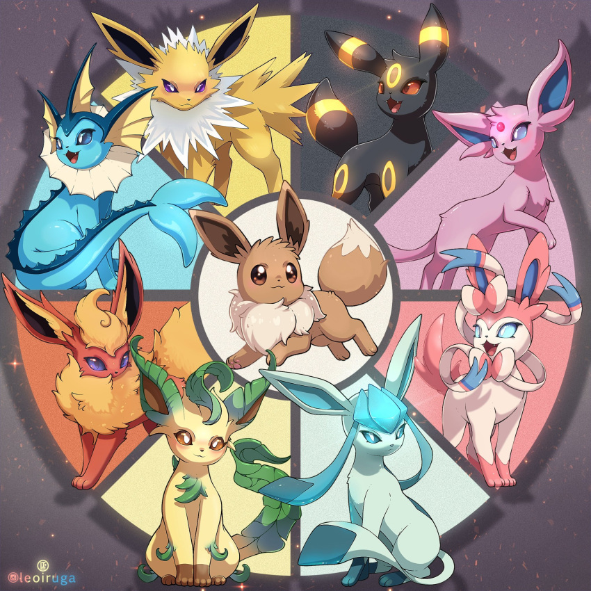 :3 :d animal_focus black_eyes black_fur blue_eyes blue_fur bow bright_pupils brown_eyes brown_fur eevee espeon facial_mark fangs fins fish_tail flareon forehead_jewel forehead_mark full_body glaceon green_fur grey_background head_fins highres jolteon leaf leafeon leoiruga looking_at_viewer neck_fur orange_fur pink_fur pokemon pokemon_(creature) pokemon_focus purple_fur red_eyes ribbon sidelocks simple_background sitting smile spiked_tail standing sylveon tail umbreon vaporeon violet_eyes white_fur white_pupils yellow_fur