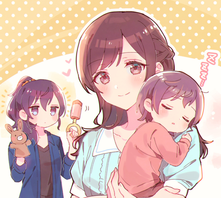 1other 2girls asahina_mafuyu baby black_shirt blue_jacket blue_shirt blush braid brown_background brown_eyes brown_hair brown_shirt closed_eyes closed_mouth collared_shirt hair_over_shoulder hand_puppet heart highres holding jacket long_hair multiple_girls open_clothes open_jacket outline parted_lips polka_dot polka_dot_background project_sekai puffy_short_sleeves puffy_sleeves puppet purple_hair rattle shinonome_ena shirt short_sleeves sleeping smile sorimachi-doufu two-tone_background violet_eyes white_background white_outline zzz