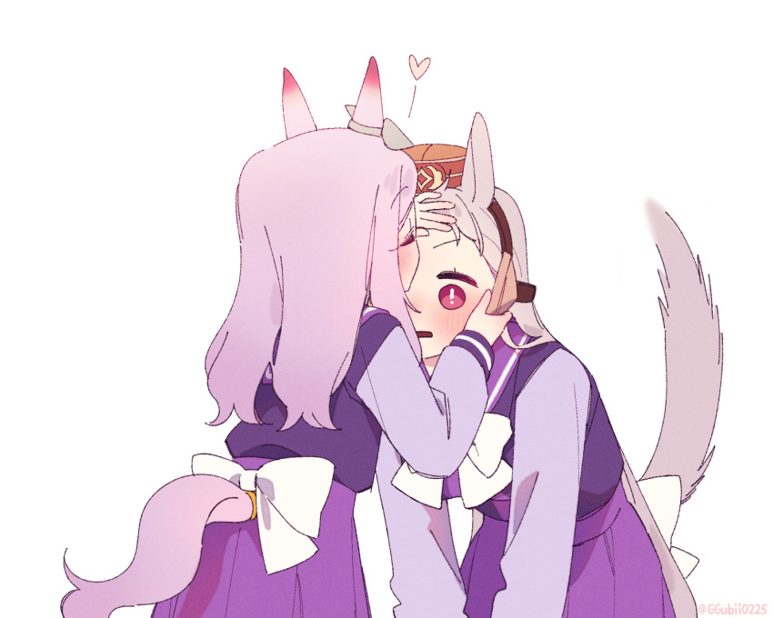 2girls animal_ears breasts ggubii0225 gold_ship_(umamusume) grey_hair highres horse_ears horse_girl horse_tail kiss kissing_forehead large_breasts long_hair long_sleeves mejiro_mcqueen_(umamusume) multiple_girls pink_eyes purple_hair school_uniform simple_background tail tracen_school_uniform umamusume violet_eyes white_background yuri