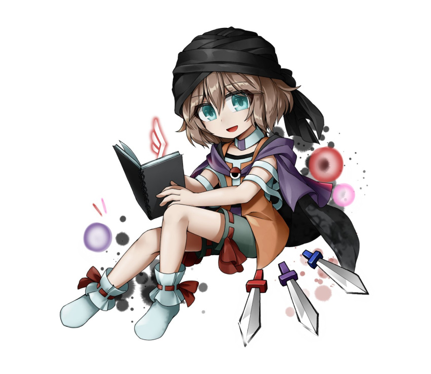 1other androgynous aqua_eyes black_headwear book brown_hair commentary_request dagger danmaku green_shorts hair_between_eyes highres holding holding_book invisible_chair knife kuzu_suzumi len'en looking_at_viewer open_clothes open_mouth open_vest orange_vest other_focus ribbon-trimmed_shorts ribbon-trimmed_socks ribbon_trim shirt short_hair shorts simple_background sitting sleeveless sleeveless_shirt smile socks solo turban vest weapon websci_3357 white_background white_shirt white_socks