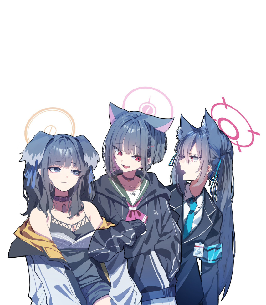 3girls animal_ear_fluff animal_ears arm_hug bare_shoulders black_choker black_hair blue_archive blush breasts cat_ears choker closed_mouth dog_ears dog_girl halo hibiki_(blue_archive) highres holding_another's_arm hood jacket kazusa_(blue_archive) long_sleeves multiple_girls off_shoulder open_clothes open_jacket open_mouth red_eyes serika_(blue_archive) simple_background smile sumutemu white_background