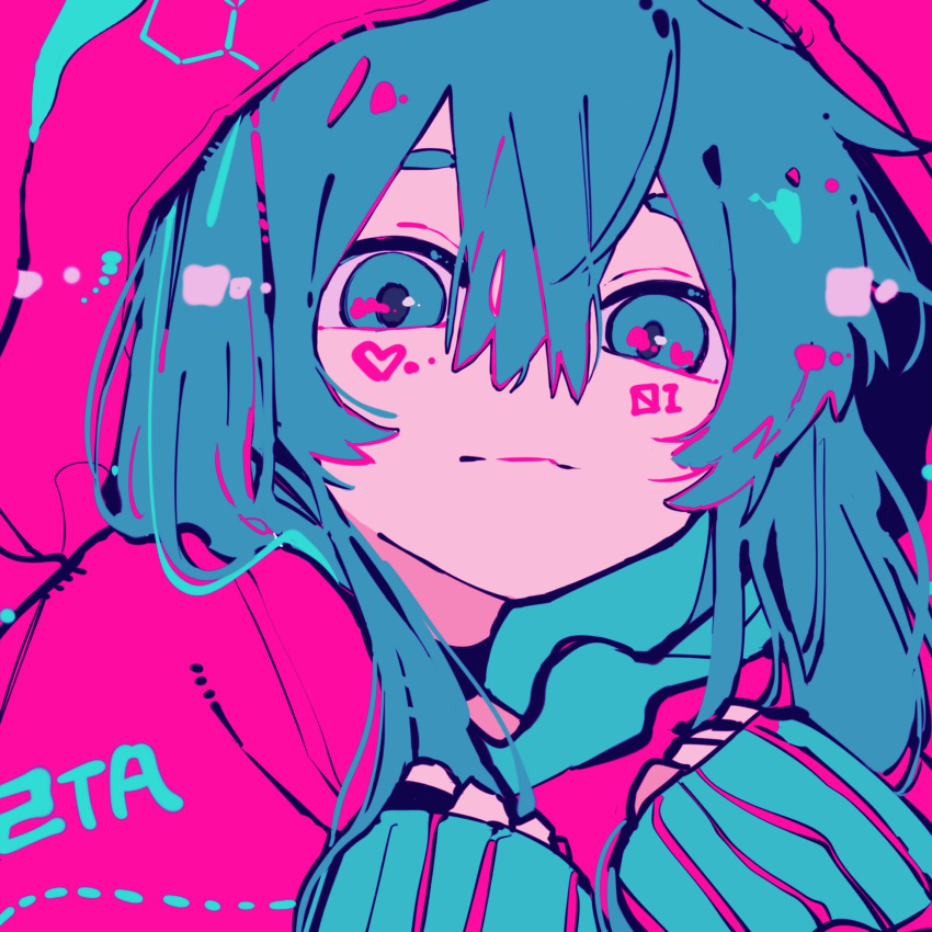 1girl 2sbd0 absurdres blue_eyes blue_hair choker close-up eyebrows_hidden_by_hair hair_between_eyes hatsune_miku heart high_contrast highres hood hoodie jacket limited_palette looking_at_viewer number_tattoo pink_jacket sleeves_past_wrists solo tattoo vocaloid