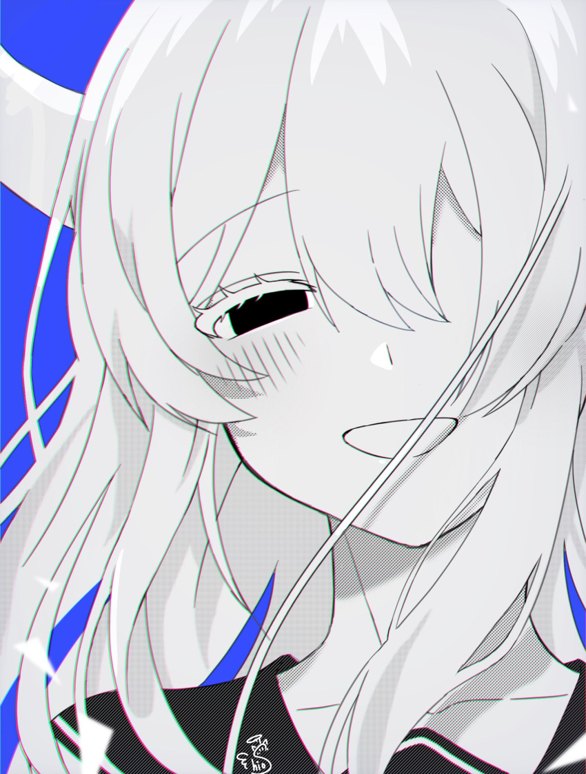 1girl blue_background blush cevio chromatic_aberration close-up collarbone commentary_request floating_hair greyscale_with_colored_background hair_over_one_eye half-closed_eyes highres horns isei_ni_ikou_ne_(cevio) long_hair looking_at_viewer one_eye_covered open_mouth portrait raised_eyebrows sailor_collar screentones shioka_shio signature simple_background smile solo thick_eyebrows