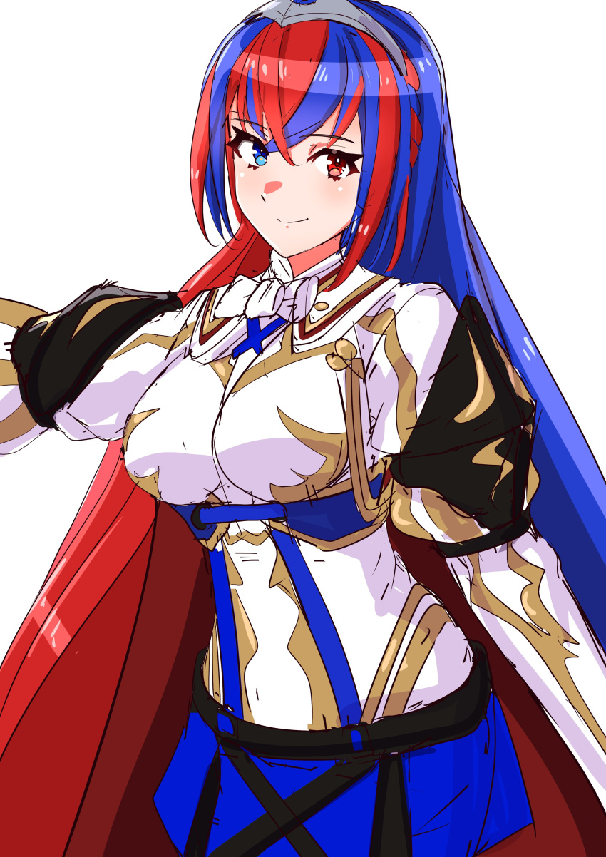 1girl absurdres alear_(female)_(fire_emblem) alear_(fire_emblem) blue_eyes blue_hair closed_mouth fire_emblem fire_emblem_engage hair_between_eyes heterochromia highres light_smile long_hair long_sleeves multicolored_hair red_eyes redhead ribbon skirt solo split-color_hair tiara to_(tototo_tk) two-tone_hair very_long_hair white_background