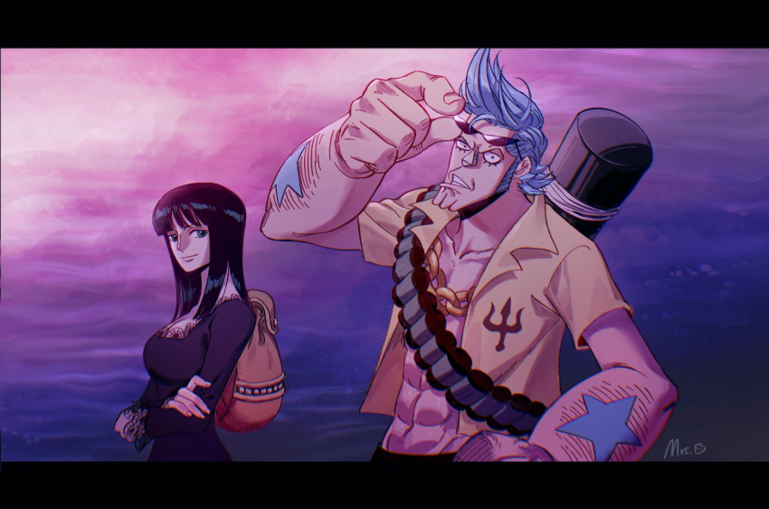 1boy 1girl artist_name backpack bag black_eyes black_hair blue_hair blunt_bangs chain_necklace closed_mouth commentary crossed_arms franky_(one_piece) holding holding_removed_eyewear jewelry long_hair looking_at_viewer mrs.custard necklace nico_robin one_piece open_clothes shirt short_hair short_sleeves smile spiky_hair star_(symbol) sunglasses tattoo teeth unworn_eyewear yellow_shirt