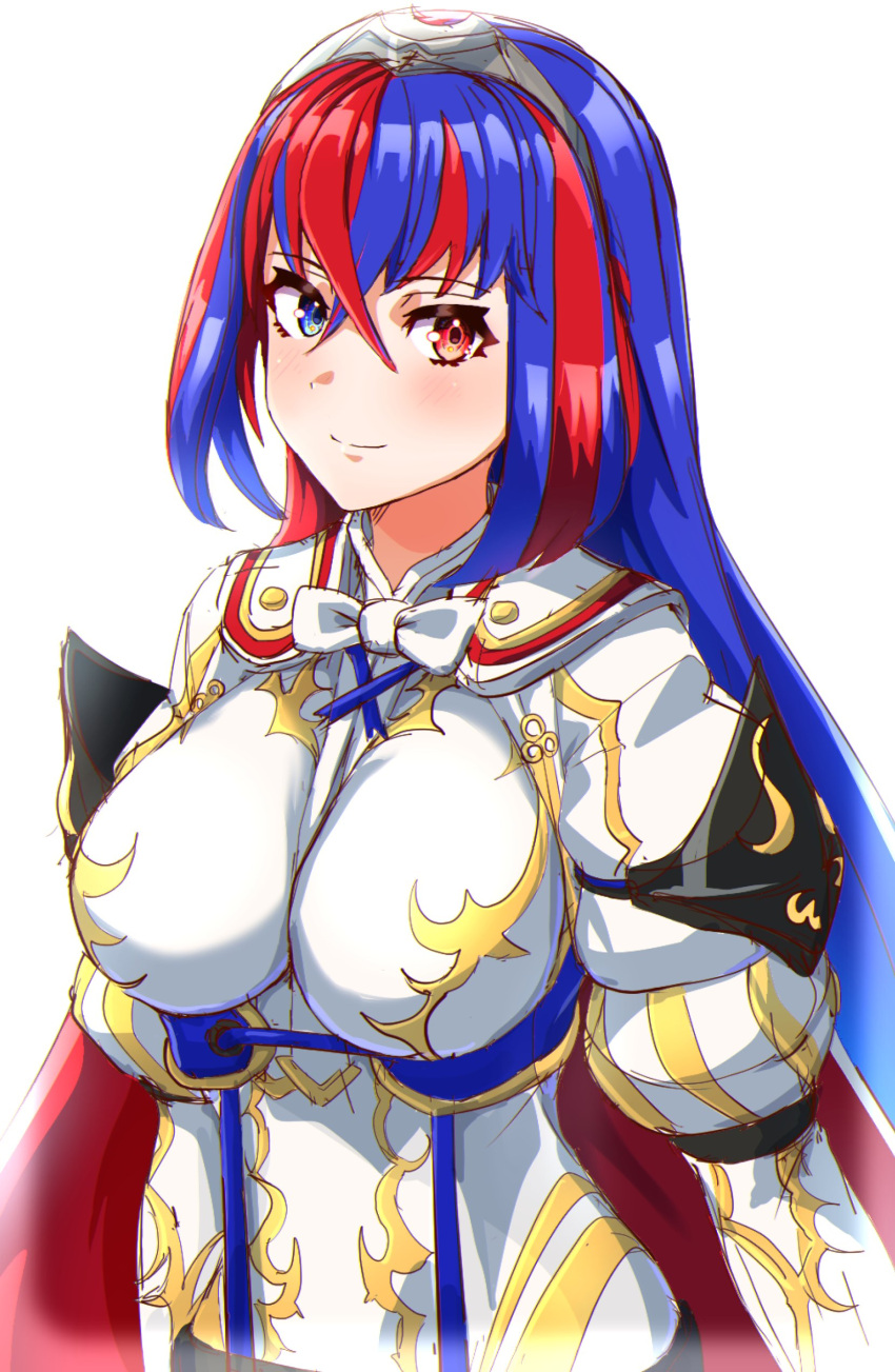 1girl absurdres alear_(female)_(fire_emblem) alear_(fire_emblem) blue_eyes blue_hair blush breasts closed_mouth crossed_bangs fire_emblem fire_emblem_engage hair_between_eyes heterochromia highres light_smile long_hair multicolored_hair red_eyes redhead simple_background solo split-color_hair tiara to_(tototo_tk) two-tone_hair upper_body white_background