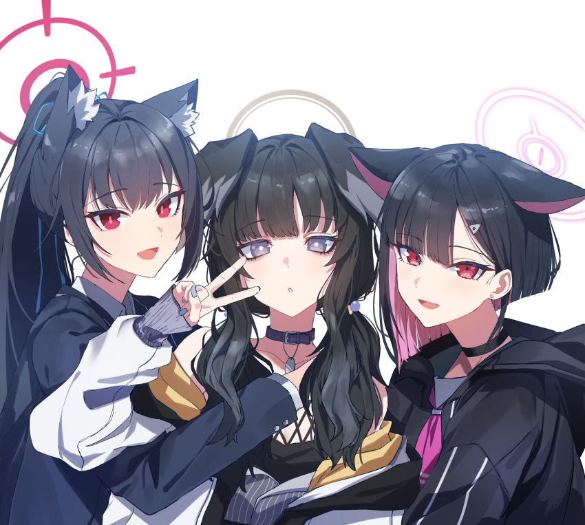 3girls :o animal_ear_fluff animal_ears asymmetrical_hair black_camisole black_choker black_collar black_hair black_hoodie black_jacket blazer blue_archive blue_ribbon blunt_bangs bob_cut bright_pupils camisole cat_ears cat_girl choker collar collarbone collared_shirt colored_inner_animal_ears colored_inner_hair commentary_request cross-laced_clothes dog_ears dog_girl dog_tags dot_nose earrings ears_down fingernails grey_halo grey_nails hair_behind_ear hair_intakes hair_ornament hair_ribbon hairclip halo hand_up hibiki_(blue_archive) highres hood hood_down hoodie jacket jewelry kazusa_(blue_archive) long_hair long_sleeves looking_at_viewer low_twintails medium_hair multicolored_hair multiple_girls nail neckerchief off_shoulder open_clothes open_jacket open_mouth parted_bangs pink_hair pink_halo pink_neckerchief ponytail red_eyes red_halo ribbon serika_(blue_archive) shirt simple_background smile stud_earrings sumutemu twintails two-tone_hair upper_body v violet_eyes white_background white_jacket white_pupils white_shirt