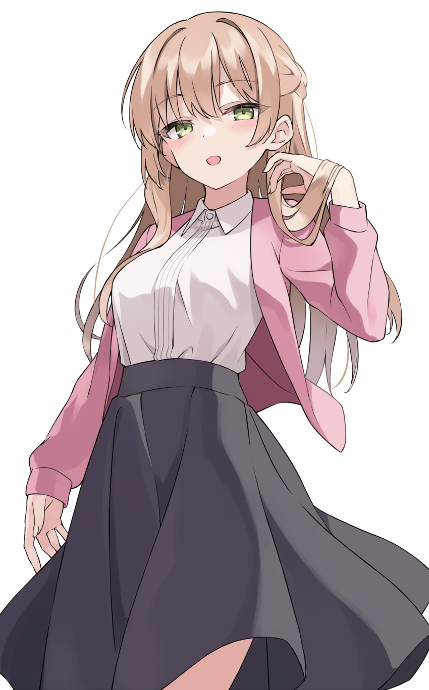 100percent_park 1girl absurdres black_skirt blush breasts collared_shirt commentary_request commission dress_shirt green_eyes half_updo highres jacket light_brown_hair long_hair long_sleeves looking_at_viewer medium_breasts open_clothes open_jacket open_mouth pink_jacket pixiv_commission saeki_sayaka shirt simple_background skirt sleeves_past_wrists solo white_background white_shirt yagate_kimi_ni_naru