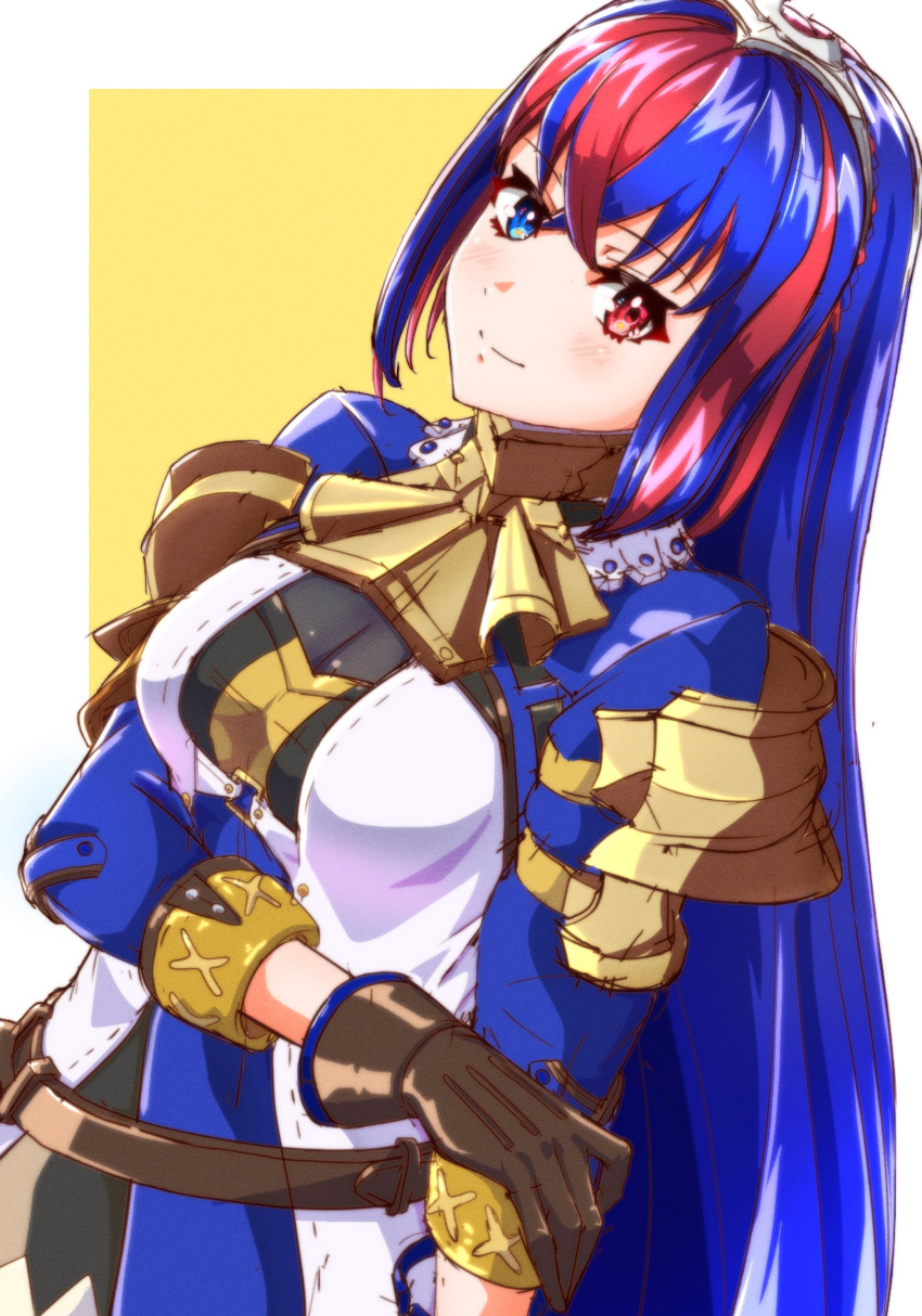 1girl absurdres alear_(female)_(fire_emblem) alear_(fire_emblem) belt blue_eyes blue_hair brown_gloves commentary crossed_bangs fire_emblem fire_emblem_engage gloves hair_between_eyes heterochromia highres long_hair looking_at_viewer multicolored_hair official_alternate_costume red_eyes redhead solo split-color_hair tiara to_(tototo_tk) two-tone_hair