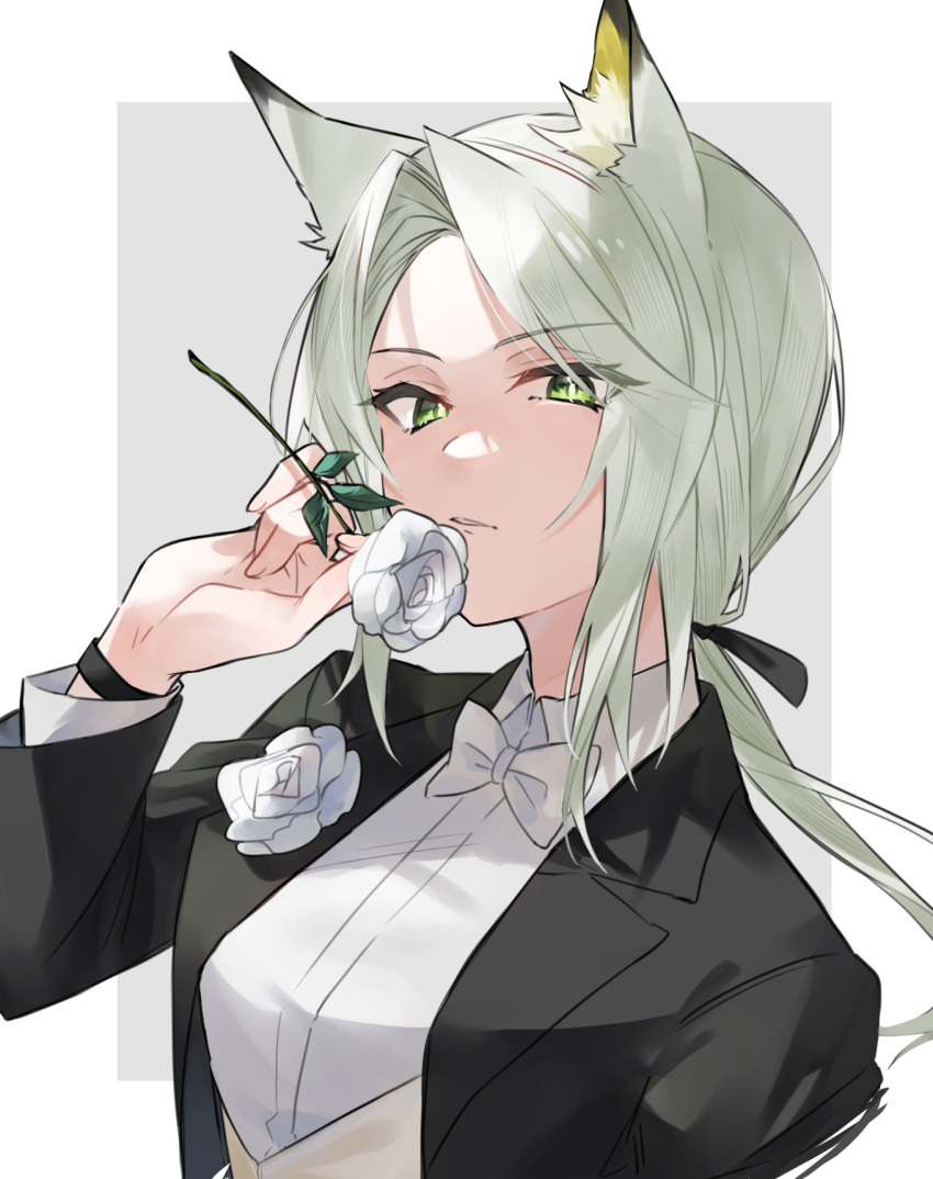 1girl animal_ears arknights black_jacket boutonniere bow bowtie breasts collared_shirt commentary_request flower green_eyes grey_hair hand_up highres holding holding_flower jacket kal'tsit_(arknights) long_hair long_sleeves looking_at_viewer low_ponytail official_alternate_costume parted_lips ribbon shirt small_breasts solo upper_body watch watch white_ribbon white_shirt yakota_(usuk-yako)