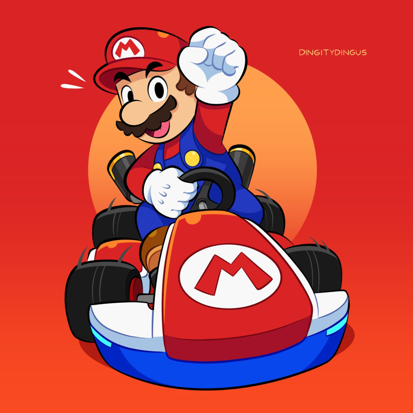 1boy artist_name blue_overalls boots brown_footwear brown_hair car clenched_hand denim driving facial_hair gloves go-kart grin hand_up hat highres long_sleeves looking_at_viewer mario mario_kart mario_kart_8 motor_vehicle mustache open_mouth overalls race_vehicle racecar red_background red_headwear red_shirt riding shirt shoes short_hair simple_background sitting smile solo super_mario_bros. vinny_(dingitydingus) white_gloves