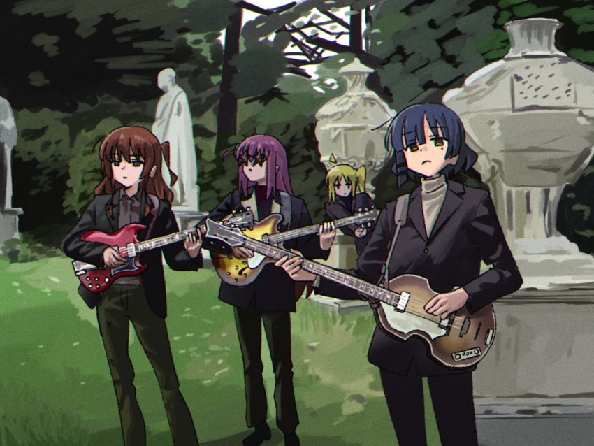 4girls ahoge alternate_costume black_footwear black_jacket black_pants blonde_hair blue_hair bocchi_the_rock! closed_mouth commentary detached_ahoge electric_guitar english_commentary expressionless gotoh_hitori grass green_eyes guitar highres holding holding_guitar holding_instrument ijichi_nijika instrument jacket kita_ikuyo long_hair long_sleeves maring_song mole mole_under_eye multiple_girls one_side_up outdoors pants parody pink_hair redhead shoes short_hair side_ponytail standing statue the_beatles yamada_ryo yellow_eyes