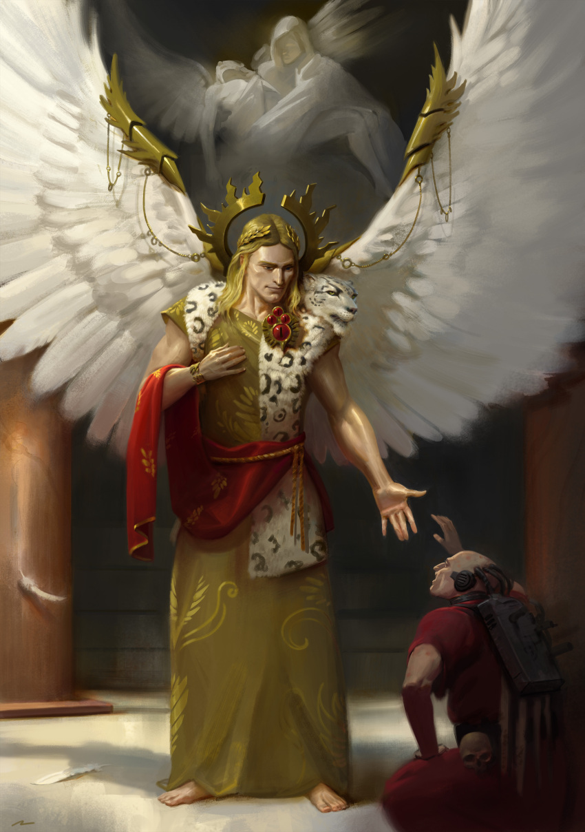 2boys absurdres angel angel_wings bald barefoot blonde_eyebrows blonde_hair blood_angels blue_eyes brick_wall carrying carrying_person chain cleft_chin column falling_feathers from_side gold_chain head_back highres kneeling laurel_crown leopard_pelt long_hair looking_at_another looking_down looking_up male_focus multiple_boys official_art ornate_clothes ornate_robes oruam outdoors photoshop_(medium) pillar primarch purity_seal reaching_towards_another red_rope robe rope sanguinius skull smile snow_leopard spread_wings standing statue symbolism warhammer_40k white_wings wing_armor wings yellow_robe