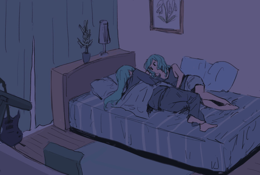 2girls aqua_hair bang_dream! barefoot bedroom blanket blue_pajamas blue_tank_top commentary_request grey_shorts guitar highres hikawa_hina hikawa_sayo implied_sleep_molestation incest instrument lamp looking_at_another medium_hair multiple_girls night on_bed pajamas picture_(object) picture_frame pillow pine_(pinepipp) plant potted_plant shorts siblings sisters sketch sleeping staring tank_top twincest twins yuri