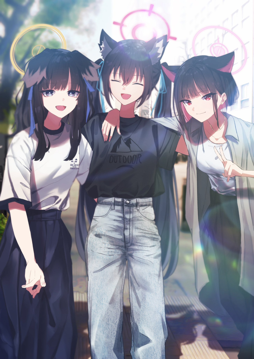 3girls ^_^ alternate_costume animal_ear_fluff animal_ears black_hair black_pants blue_archive blurry blurry_background breasts casual cat_ears closed_eyes colored_inner_hair denim dog_ears extra_ears hand_on_another's_shoulder hibiki_(blue_archive) highres jeans kazusa_(blue_archive) lens_flare long_hair looking_at_viewer medium_breasts multicolored_hair multiple_girls outdoors pants pink_hair serika_(blue_archive) shirt_tucked_in short_hair small_breasts smile sumutemu twintails two-tone_hair v very_long_hair