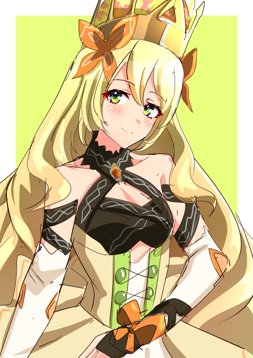 1girl absurdres blonde_hair butterfly_hair_ornament celine_(fire_emblem) clothing_cutout crown fire_emblem fire_emblem_engage green_eyes hair_ornament highres light_smile long_hair looking_at_viewer ribbon solo strap to_(tototo_tk) upper_body very_long_hair wavy_hair