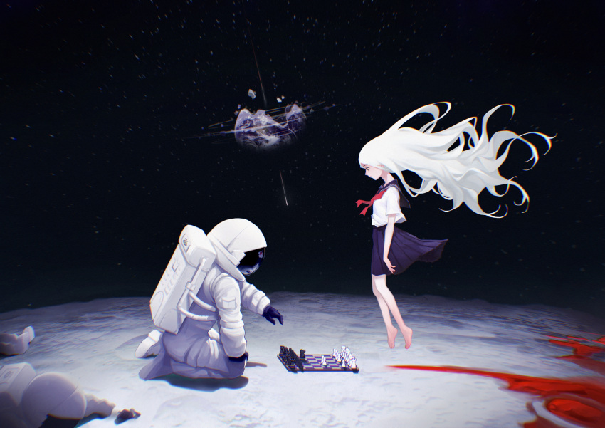 1girl 1other absurdres astronaut barefoot blood blood_on_ground board_game chess commentary corpse destroyed earth_(planet) english_commentary floating floating_hair from_side helmet highres long_hair moon original outdoors planet pool_of_blood school_uniform seiza serafuku sitting space space_helmet spacesuit very_long_hair white_hair zero808w