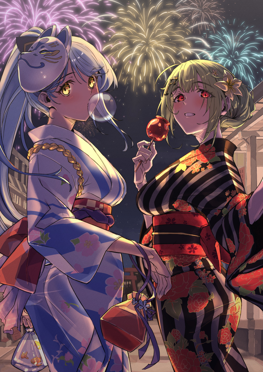 2girls absurdres blue_hair blue_kimono breasts bubble_blowing candy_apple commentary fireworks floral_print flower flower_ornament food girls_frontline green_hair hair_flower hair_ornament highres japanese_clothes kimono m249_saw_(girls'_frontline) m249_saw_(oborozukiyo)_(girls'_frontline) mk48_(girls'_frontline) multiple_girls night night_sky red_eyes shiratama_(siratama5656) sky striped striped_kimono summer_festival yellow_eyes