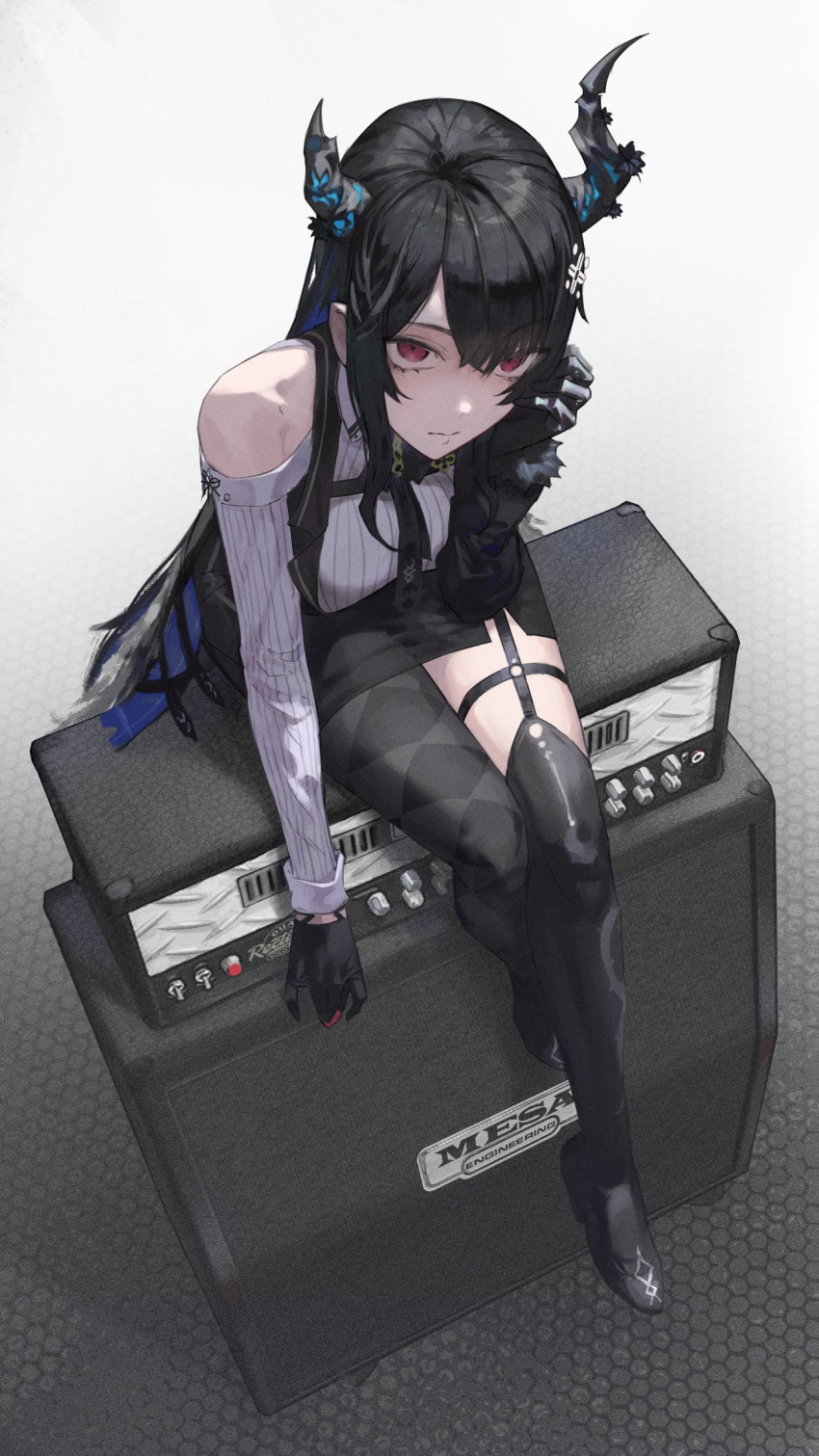 1girl amplifier argyle argyle_legwear asymmetrical_horns asymmetrical_legwear black_footwear black_gloves black_hair black_horns black_skirt black_thighhighs blue_hair chest_belt closed_mouth clothing_cutout colored_inner_hair commentary demon_horns expressionless from_above garter_straps gloves hand_on_own_face hexagon_print highres hololive hololive_english horns long_hair long_sleeves looking_ahead looking_up multicolored_hair nerissa_ravencroft parted_bangs pencil_skirt red_eyes reon_(98109reon) ribbed_shirt shirt shoulder_cutout sitting sitting_on_object skirt solo symbol-only_commentary thigh-highs two-tone_hair uneven_horns virtual_youtuber white_shirt