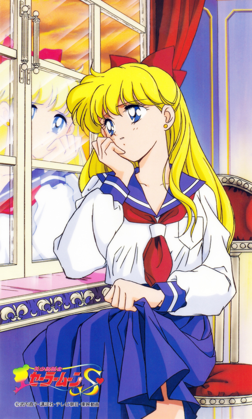 1990s_(style) 1girl absurdres aino_minako bishoujo_senshi_sailor_moon blonde_hair blue_eyes blue_sailor_collar blue_skirt bow earrings hair_bow head_rest highres indoors itou_ikuko jewelry logo long_hair long_skirt long_sleeves looking_outside looking_to_the_side neckerchief official_art on_chair red_bow red_neckerchief reflection retro_artstyle sailor_collar school_uniform serafuku shiba_koen_middle_school_uniform shirt sitting skirt skirt_hold solo stud_earrings white_shirt window