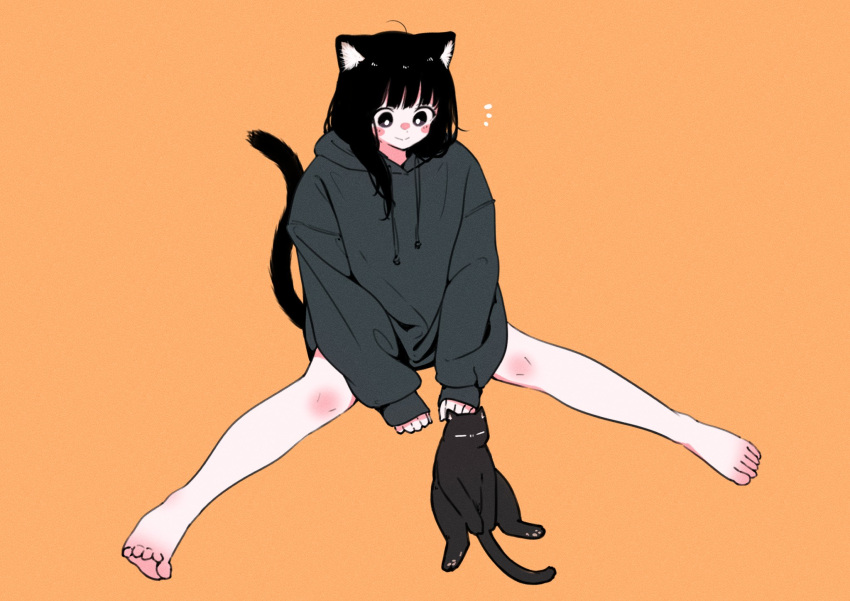 1girl animal_ear_fluff animal_ears bare_legs barefoot black_cat black_eyes black_hair blush bottomless bright_pupils cat cat_ears cat_girl cat_tail from_above full_body highres looking_at_another megateru no_nose no_pants nose_blush notice_lines orange_background original oversized_clothes sitting sleeves_past_wrists smile solo spread_legs tail toes white_pupils
