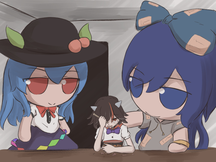 3girls arm_rest black_hair black_headwear blank_room_soup blue_eyes blue_hair blue_skirt bow bowl bowtie chopsticks closed_mouth commentary cowboy_shot crying crying_with_eyes_open eating elbow_rest english_commentary fumo_(doll) grey_hoodie hair_bow hat highres hinanawi_tenshi holding holding_chopsticks hood hood_down hoodie horns indoors jitome kijin_seija kokowoch leaf_hat_ornament long_hair looking_at_another looking_at_viewer meme multicolored_hair multiple_girls open_mouth peach_hat_ornament pink_bow pink_bowtie rainbow_gradient red_bow red_bowtie red_eyes redhead shirt short_hair short_sleeves skirt smile standing streaked_hair tears touhou upper_body white_shirt yorigami_shion