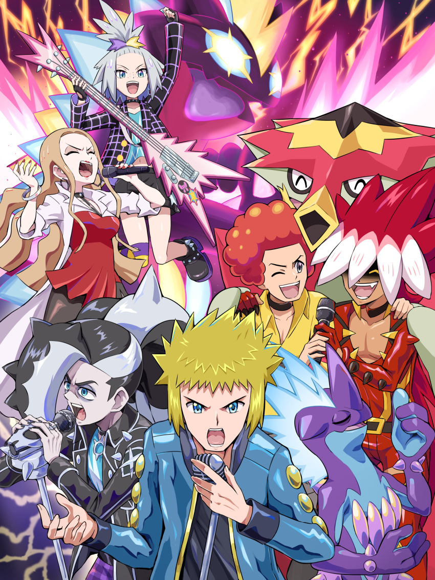 2girls 4boys :d ;d absurdres afro arm_up bass_guitar black_shirt blonde_hair blue_jacket boots closed_eyes coat commentary_request earrings fingerless_gloves flint_(pokemon) gigantamax gigantamax_toxtricity gloves highres holding holding_instrument holding_microphone instrument jacket jewelry long_hair long_sleeves microphone microphone_stand multicolored_hair multiple_boys multiple_girls oleana_(pokemon) one_eye_closed open_clothes open_jacket open_mouth piers_(pokemon) pokemoa pokemon pokemon_(creature) pokemon_(game) pokemon_dppt pokemon_masters_ex pokemon_sm pokemon_swsh red_shirt roxie_(pokemon) ryuki_(pokemon) shirt short_hair shorts sidelocks smile spiky_hair teeth tongue toxtricity toxtricity_(low_key) turtonator two-tone_hair volkner_(pokemon) white_coat