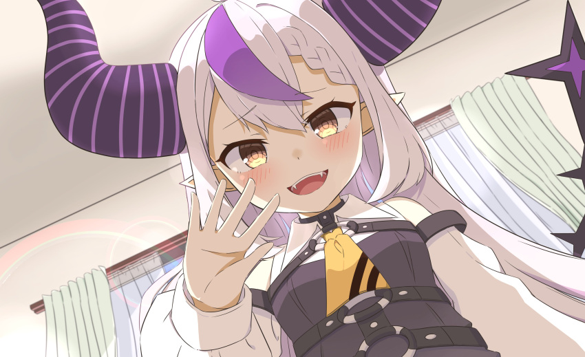 1girl absurdres ahoge ascot bare_shoulders black_horns braid braided_bangs curtains fangs grey_hair highres hololive horns kushinobu la+_darknesss la+_darknesss_(1st_costume) multicolored_hair open_mouth pointy_ears purple_hair streaked_hair striped_horns yellow_eyes