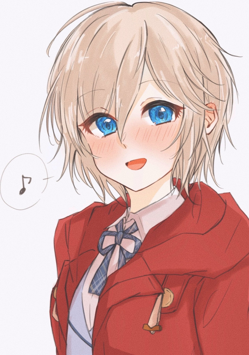 1girl anastasia_(idolmaster) blue_eyes blue_necktie blush buttons collar collared_shirt commentary_request drawstring ear_blush grey_hair hair_between_eyes highres hood hood_down idolmaster idolmaster_cinderella_girls idolmaster_cinderella_girls_starlight_stage jacket light_blush looking_at_viewer musical_note necktie nose_blush official_alternate_costume open_clothes open_jacket open_mouth red_jacket sekiyama_(allp_ollo) shirt short_hair simple_background smile solo straight_hair upper_body white_background