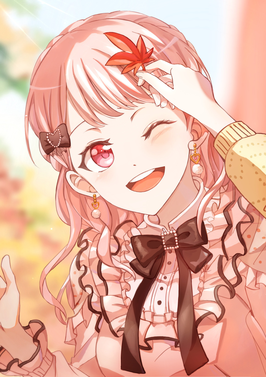 1girl 1other absurdres bang_dream! black_bow black_bowtie blurry blurry_background bow bowtie dress earrings hair_bow heart heart_earrings highres jewelry junjun_(kimi-la) leaf long_hair maple_leaf maruyama_aya one_eye_closed open_mouth pink_dress pink_eyes pink_hair pov pov_hands smile