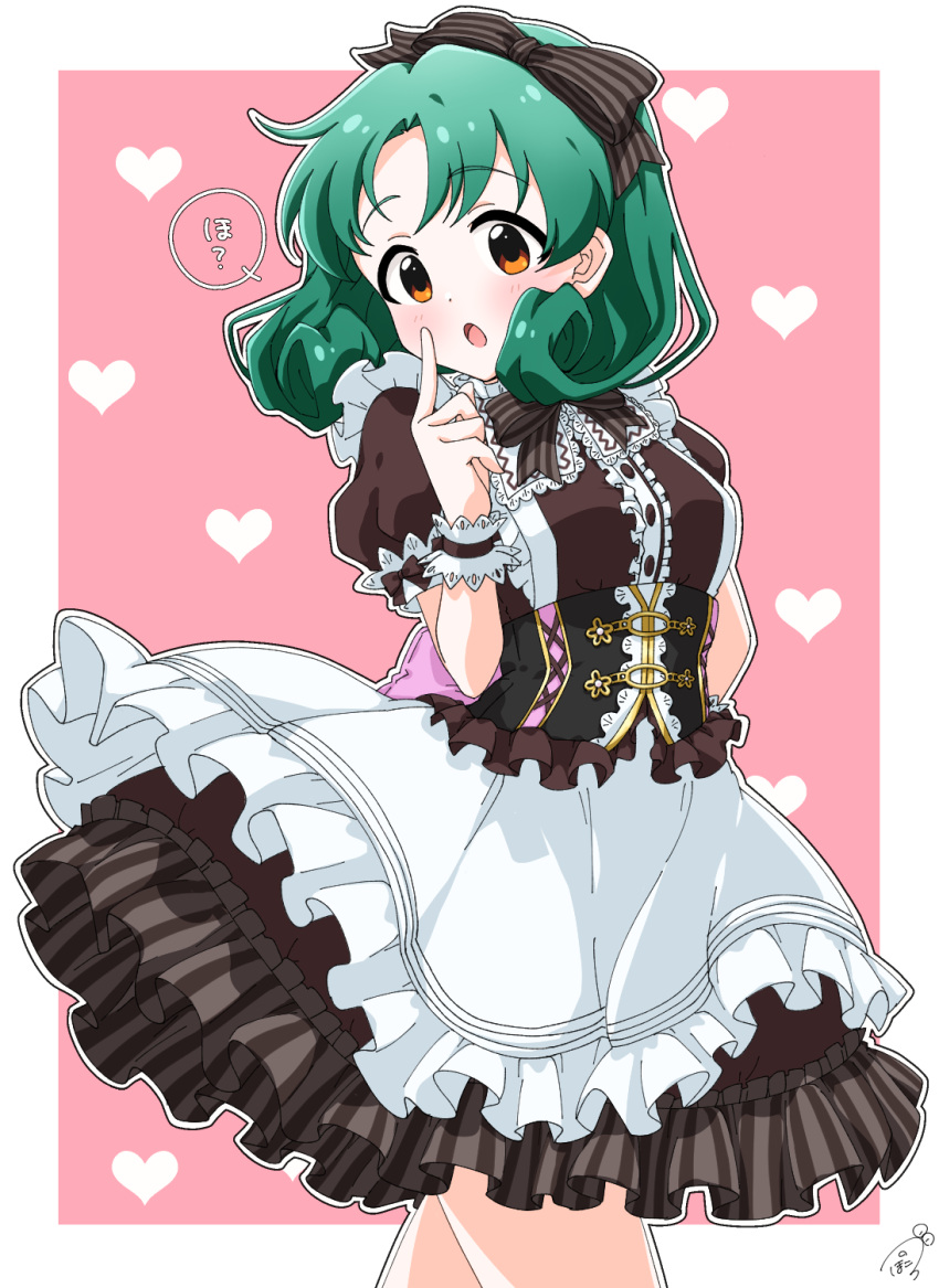 1girl apron black_bow black_bowtie black_corset black_dress black_ribbon blush border bow bowtie breasts brown_eyes corset cowboy_shot curly_hair dot_nose dress frilled_apron frilled_dress frills funxy_k green_hair hair_bow hair_ribbon hand_up heart heart_background highres idolmaster idolmaster_million_live! idolmaster_million_live!_theater_days index_finger_raised looking_at_viewer medium_breasts medium_hair open_mouth outside_border parted_bangs pink_background ribbon scrunchie short_sleeves signature solo speech_bubble standing striped striped_bow striped_bowtie striped_ribbon tokugawa_matsuri underbust white_apron white_border white_scrunchie wrist_scrunchie