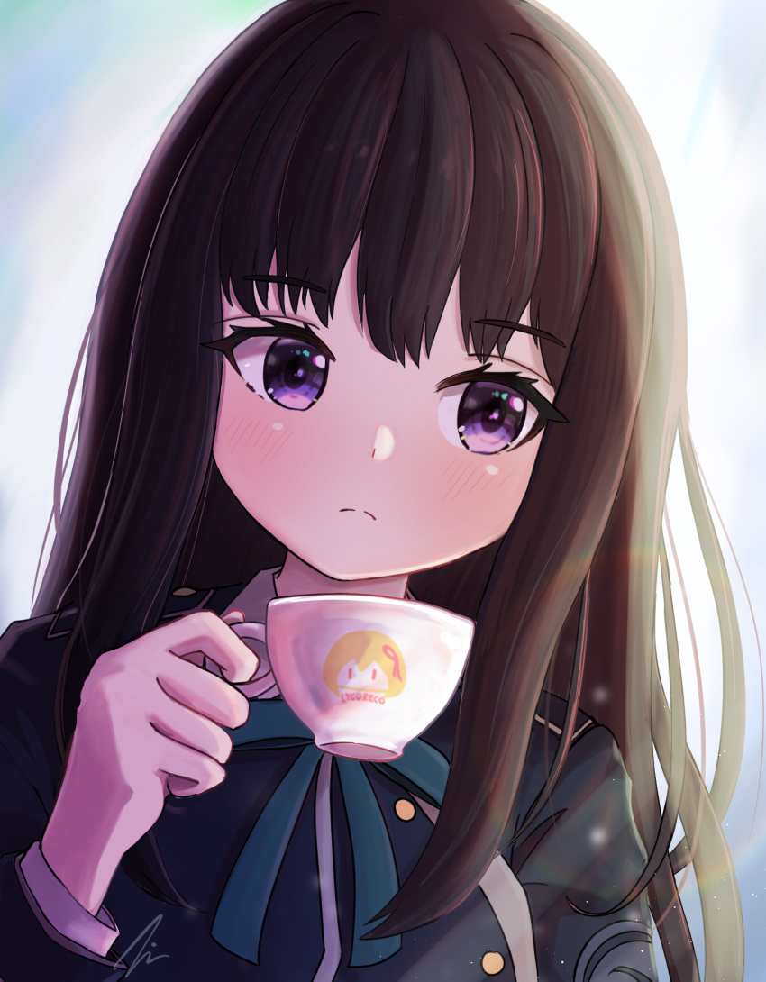 1girl black_hair blue_dress copyright_name cup dress highres holding holding_cup inoue_takina long_hair looking_to_the_side lycoris_recoil lycoris_uniform nishikigi_chisato print_cup tim_1127 violet_eyes white_background