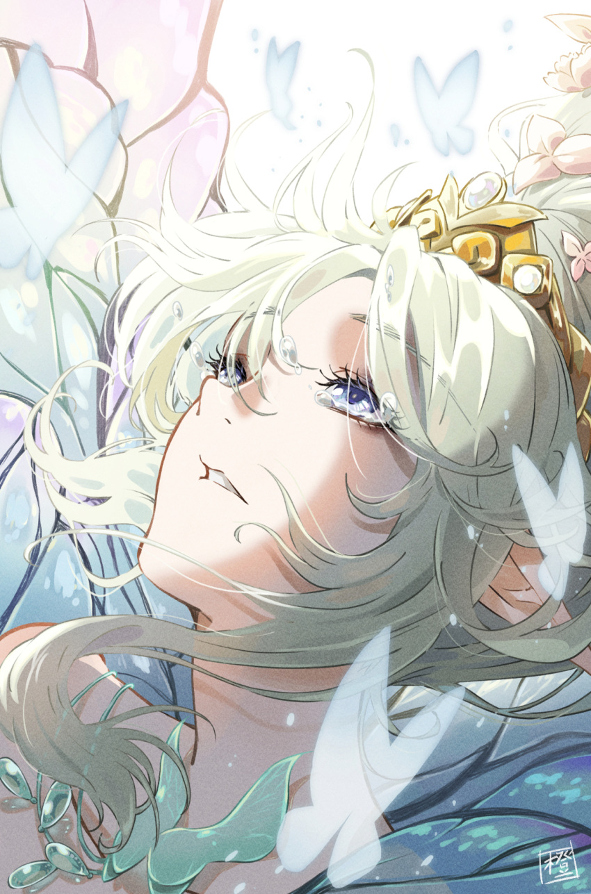 1other blue_eyes braid bug butterfly crying eyelashes fairy final_fantasy final_fantasy_xiv floating_hair flower hair_flower hair_ornament highres jewelry looking_up necklace other_focus parted_lips pointy_ears solo tiara titania_(final_fantasy) white_background z_aft138420