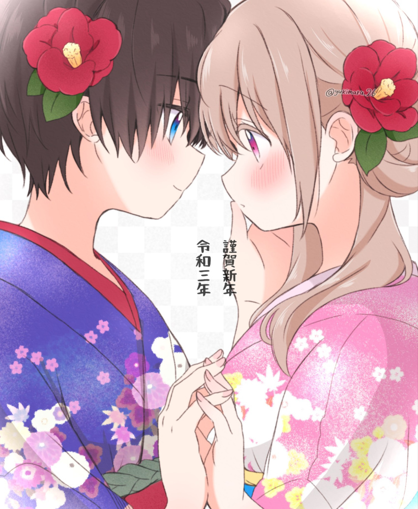 2girls blonde_hair blue_kimono blush brown_hair commentary_request floral_print_kimono flower hair_bun hair_flower hair_ornament hand_on_another's_face highres imminent_kiss interlocked_fingers japanese_clothes kimono looking_at_another multiple_girls original pink_kimono rinlaby short_hair smile tomboy translation_request twintails yuri