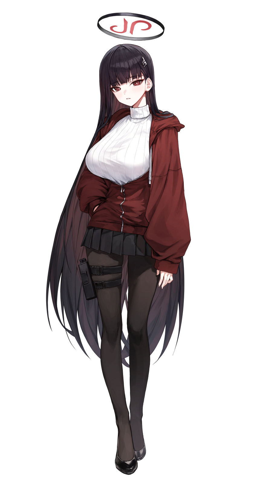 1girl absurdres black_footwear black_hair black_pantyhose black_skirt blue_archive blush breasts bright_pupils full_body gnns hair_ornament hairpin halo highres hood hood_down hoodie large_breasts long_hair long_sleeves looking_at_viewer open_mouth pantyhose partially_unzipped pleated_skirt red_eyes red_hoodie ribbed_sweater ringed_eyes rio_(blue_archive) shoes simple_background skirt solo sweater turtleneck turtleneck_sweater white_background white_pupils white_sweater