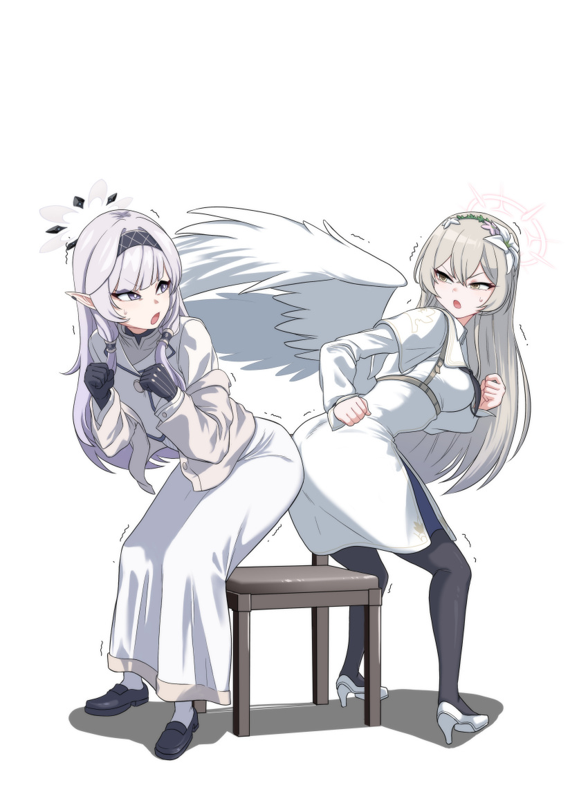 2girls absurdres angel_wings black_footwear black_gloves black_hairband black_pantyhose blue_archive brown_eyes chair dress feathered_wings flower gloves grey_halo hair_flower hair_ornament hair_tubes hairband halo highres himari_(blue_archive) korean_commentary light_brown_hair long_hair long_sleeves multiple_girls nagisa_(blue_archive) open_mouth pangtanto pantyhose pink_flower pink_halo pointy_ears purple_hair shoes simple_background socks striped striped_hairband white_background white_dress white_flower white_hair white_socks white_wings wings