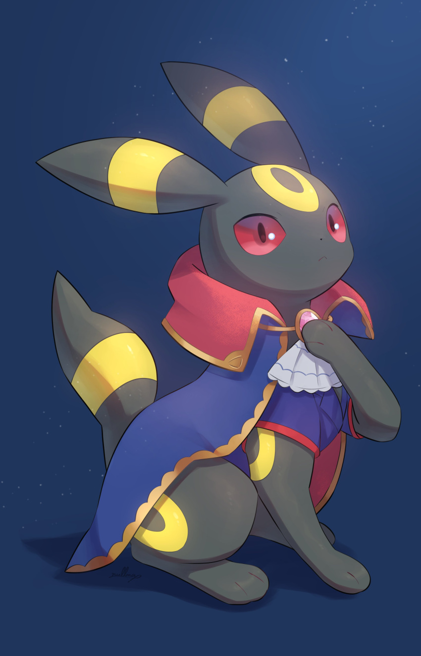 absurdres ascot black_background blue_cape brooch cape clothed_pokemon collared_cape full_body highres jewelry no_humans nullma pokemon pokemon_(creature) pokemon_(game) pokemon_unite red_cape red_eyes simple_background solo two-sided_cape two-sided_fabric umbreon umbreon_(noble) white_ascot
