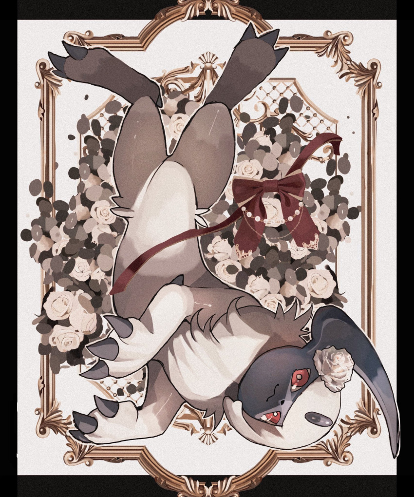 absol black_border border bow bowtie claws flower forehead_jewel hair_flower hair_ornament highres horns mane picture_frame pokemon pokemon_(creature) red_bow red_bowtie red_eyes reo_(mmocc123) single_horn upside-down white_background white_flower white_fur
