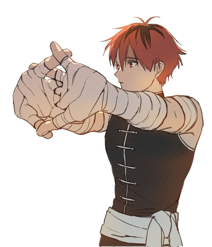 1boy bandaged_arm bandages black_hair black_shirt collared_shirt commentary_request corrupted_twitter_file highres looking_to_the_side male_focus multicolored_hair outstretched_arms own_hands_together red_eyes redhead roots_(hair) sash shirt short_hair simple_background sleeveless sleeveless_shirt solo sousou_no_frieren standing stark_(sousou_no_frieren) stretching sua_lucid two-tone_hair waist_sash white_background white_sash